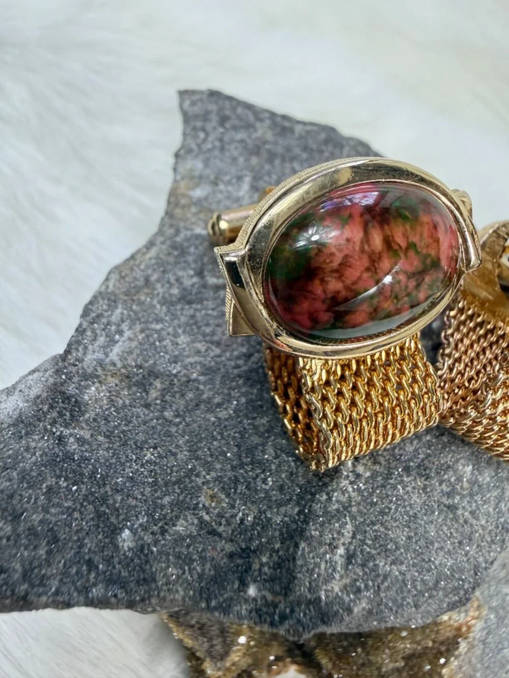 Vintage Unakite Stone Gold Tone Mesh Cuff Links Cufflinks MCM 1.25